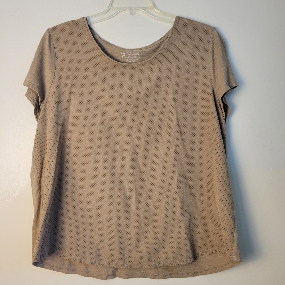 Chicos Tan Perforated Front Mixed Media Scoop Neck Short Sleeve Tee Shirt Size 3